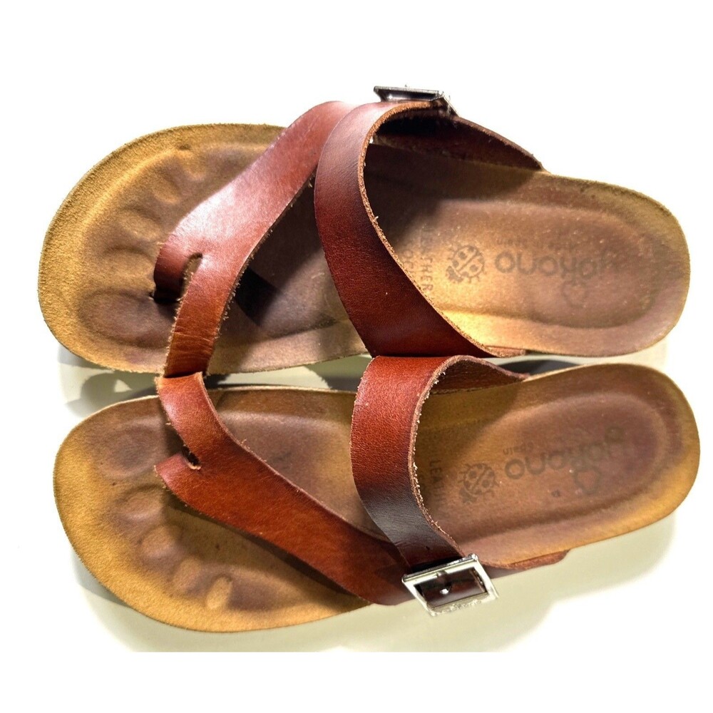 Yakono Brown Leather Sandals With Adjustable Buckle Strap & Contoured Footbed Fo